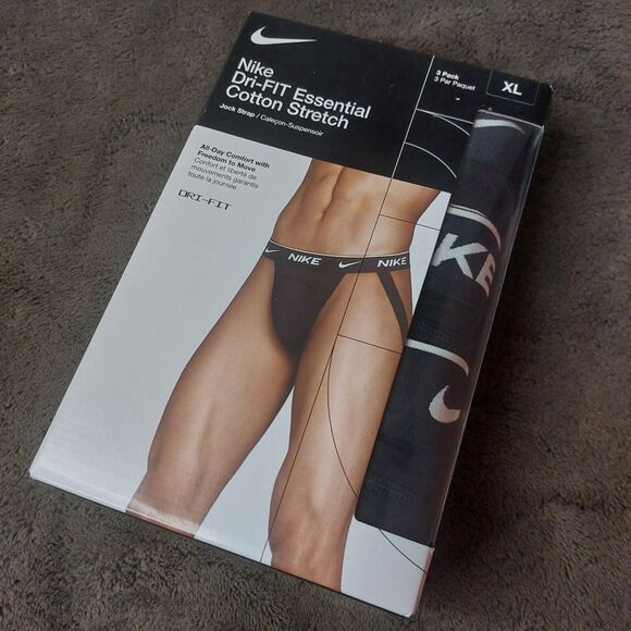 Nike Dri-FIT Essential Men's Black Cotton Jockstraps 3 Pack - Picture 1 of 4